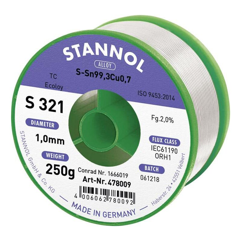 Stannol - S321 2,0% 1,0MM SN99CU0,7CD 250G Étain à souder sans plomb sans plomb, bobine Sn99,3Cu0,7 ORH1 250 g 1 mm X887901