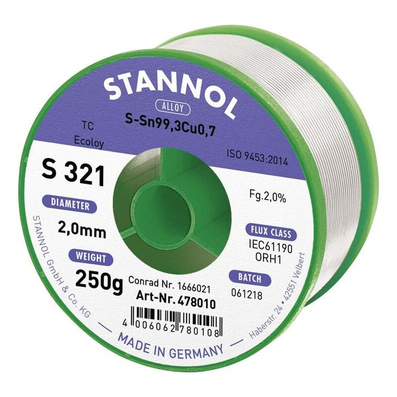 Stannol - S321 2,0% 2,0MM SN99,3CU0,7 cd 250G Étain à souder sans plomb sans plomb, bobine Sn99,3Cu0,7 ORH1 250 g 2 mm X887591