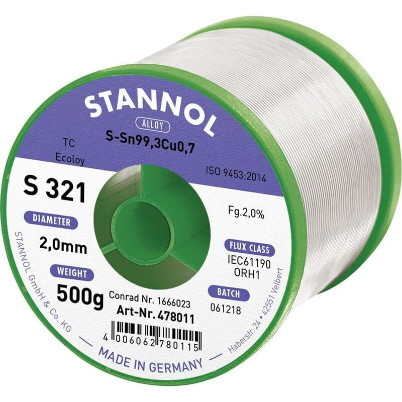 Stannol - S321 2,0% 2,0MM SN99,3CU0,7CD 500G Étain à souder sans plomb sans plomb, bobine Sn99,3Cu0,7 ORH1 500 g 2 mm X887551