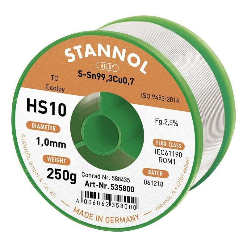 Stannol - HS10 2510 Étain à souder sans plomb bobine Sn99,3Cu0,7 ROM1 250 g 1 mm S66123