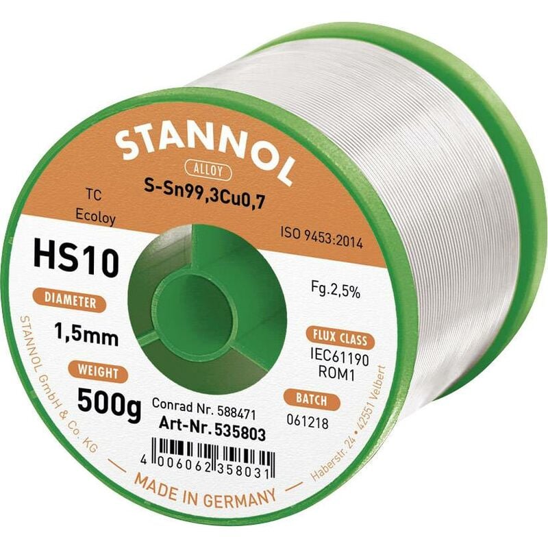 Stannol - HS10 2510 Étain à souder sans plomb bobine Sn99,3Cu0,7 ROM1 500 g 1.5 mm S66149