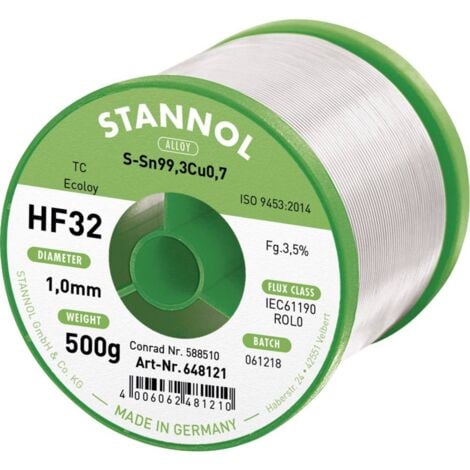 Stannol HF32 3500 Étain à souder sans plomb bobine Sn99,3Cu0,7 REL0 500 g 1 mm