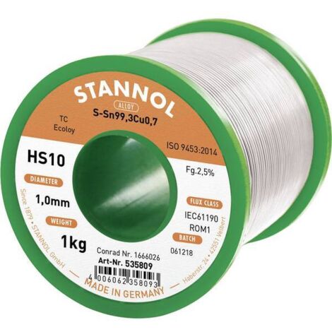 Stannol HS10 2,5% 1,0MM SN99,3CU0,7 CD 1000G Stagno senza piombo senza piombo, Bobina Sn99,3Cu0,7 ROM1 1000 g 1 mm