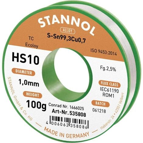 Stannol HS10 2,5% 1,0MM SN99,3CU0,7 CD 100G Étain à souder sans plomb sans plomb, bobine Sn99,3Cu0,7 ROM1 100 g 1 mm X887531