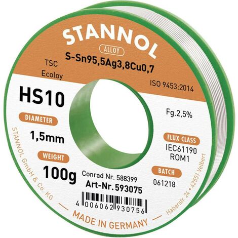 Stannol HS10 2510 Étain à souder sans plomb bobine Sn95,5Ag3,8Cu0,7 ROM1 100 g 1.5 mm S66200