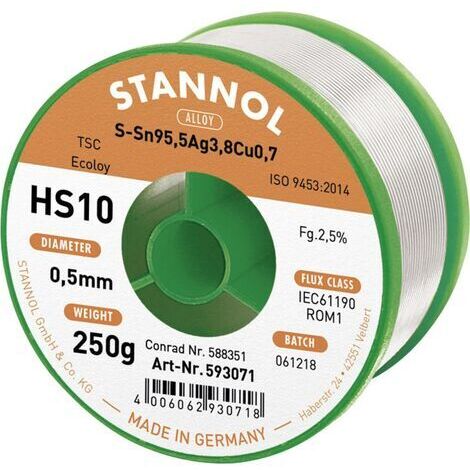 Stannol HS10 2510 Lötzinn, bleifrei Spule Sn95,5Ag3,8Cu0,7 ROM1 250 g 0.5 mm