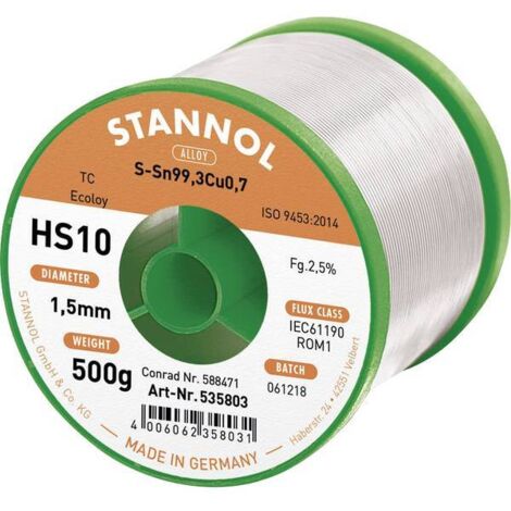Stannol HS10 2510 Stagno senza piombo Bobina Sn99,3Cu0,7 ROM1 500 g 1.5 mm