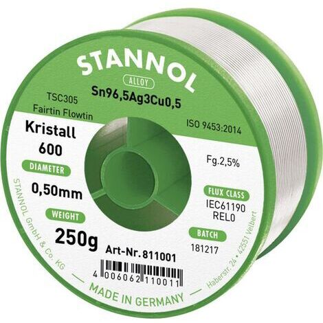 Stannol Kristall 600 Fairtin Étain à souder sans plomb sans plomb Sn96,5Ag3Cu0,5 REL0 250 g 0.5 mm Q714832