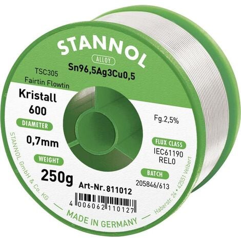 Stannol Kristall 600 Fairtin Étain à souder sans plomb sans plomb Sn96,5Ag3Cu0,5 REL0 250 g 0.7 mm Q714872