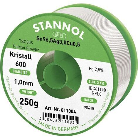 Stannol Kristall 600 Fairtin Étain à souder sans plomb sans plomb Sn96,5Ag3Cu0,5 REL0 250 g 1 mm Q714632