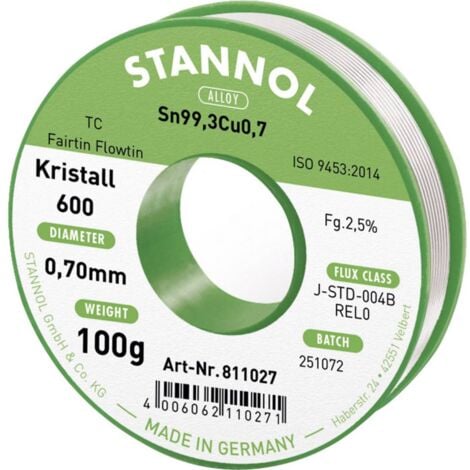Stannol Kristall 600 Fairtin Étain à souder sans plomb sans plomb Sn99,3Cu0,7 REL0 100 g 0.7 mm