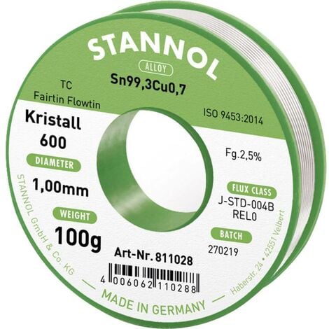 Stannol Kristall 600 Fairtin Étain à souder sans plomb sans plomb Sn99,3Cu0,7 REL0 100 g 1 mm