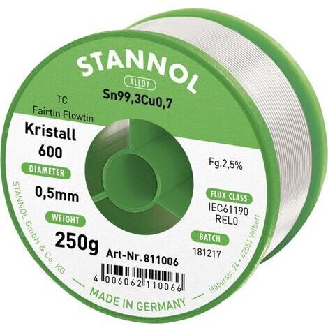 Stannol Kristall 600 Fairtin Étain à souder sans plomb sans plomb Sn99,3Cu0,7 REL0 250 g 0.5 mm Q714352