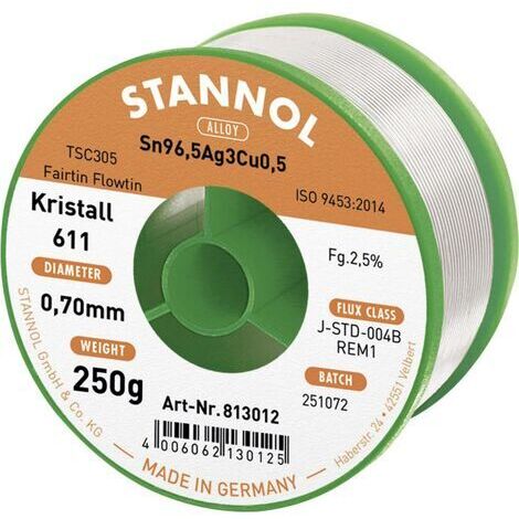 Stannol Kristall 611 Fairtin Étain à souder sans plomb sans plomb Sn99,3Cu0,7 REM1 250 g 0.7 mm Q714822