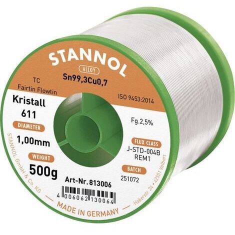 Stannol Kristall 611 Fairtin Étain à souder sans plomb sans plomb Sn99,3Cu0,7 REM1 Q714862