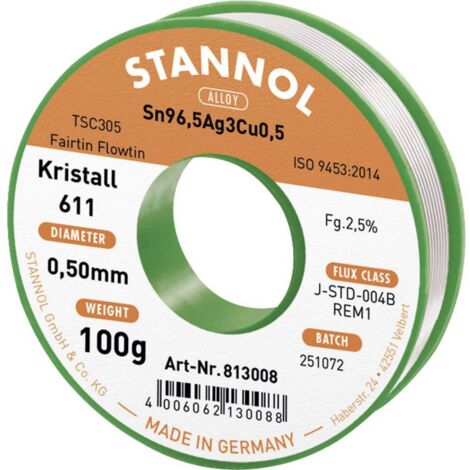 Stannol Kristall 611 Fairtin Stagno senza piombo senza piombo Sn96,5Ag3Cu0,5 REM1 100 g 0.5 mm