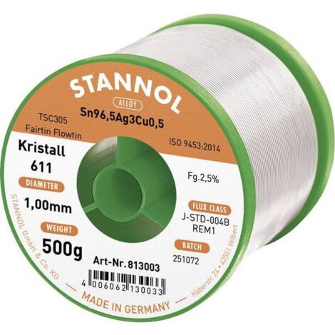 Stannol Kristall 611 Fairtin Stagno senza piombo senza piombo Sn96,5Ag3Cu0,5 REM1 500 g 1 mm