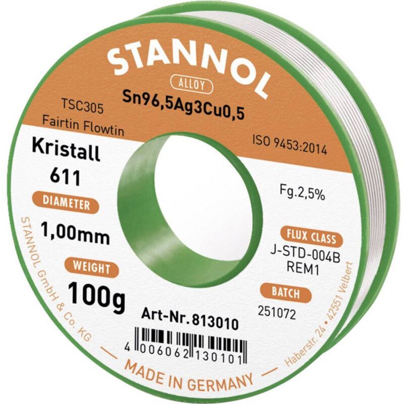 Stannol - Kristall 611 Fairtin Étain à souder sans plomb sans plomb Sn96,5Ag3Cu0,5 REM1 100 g 1 mm