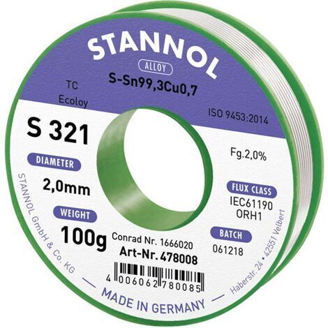 Stannol S321 2,0% 2,0MM SN99,3CU0,7 CD 100G Étain à souder sans plomb sans plomb, bobine Sn99,3Cu0,7 ORH1 100 g 2 mm X887571