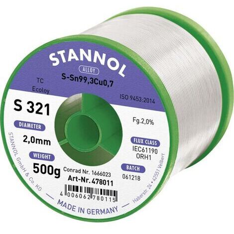 Stannol S321 2,0% 2,0MM SN99,3CU0,7CD 500G Étain à souder sans plomb sans plomb, bobine Sn99,3Cu0,7 ORH1 500 g 2 mm X887551