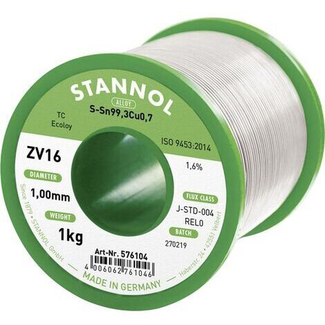Stannol ZV16 Étain à souder sans plomb sans plomb Sn99,3Cu0,7 REL0 1000 g 1 mm Q714622