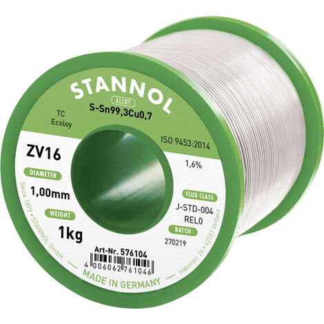 Stannol ZV16 Lötzinn, bleifrei bleifrei Sn99,3Cu0,7 REL0 1000 g 1 mm