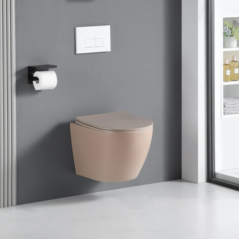 Stano. – Cuvette WC suspendu beige mat – Technologie Rimless hygiénique – Abattant Soft Close avec frein de chute – Évacuation horizontale