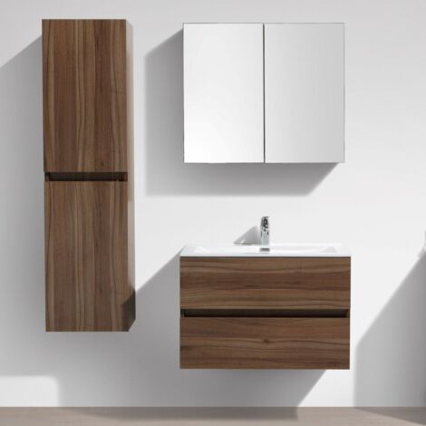 Stano. – Ensemble de meubles de salle de bain suspendus 60 cm – Meuble bas en panneau de particules noyer – Vasque en marbre synthétique blanc