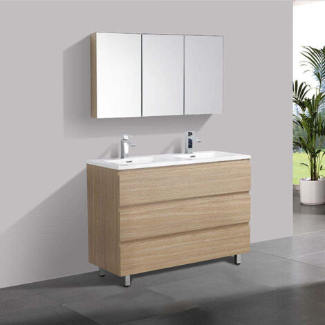 Stano. – Ensemble meuble salle de bain double vasque 120 cm – Plan en marbre synthétique blanc – Meuble en chêne clair texturé avec 3 tiroirs – Installation facile