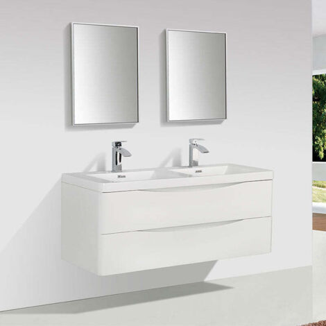 Stano. – Meuble double vasque suspendu 120 cm – Plan en marbre synthétique blanc – 2 tiroirs avec fermeture silencieuse – Pour couples et familles