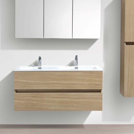 Stano. – Meuble double vasque suspendu 120 cm – Chêne clair texturé – Plan en marbre synthétique blanc – 2 tiroirs avec fermeture amortie