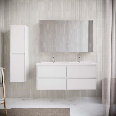 Stano. – Meuble double vasque 120 cm – Marbre de synthèse blanc – Meuble bas suspendu avec 4 tiroirs – Système de trop-plein intégré