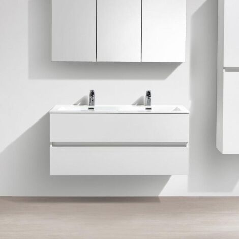 Stano. – Meuble double vasque suspendu 120 cm – Plan en marbre synthétique blanc – 2 tiroirs avec fermeture silencieuse – Pour salle de bain moderne