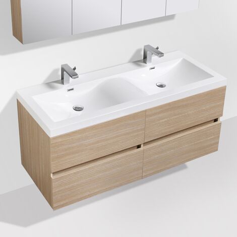 Stano. – Meuble double vasque suspendu 144 cm – Plan en marbre synthétique blanc – 4 tiroirs – Chêne clair texturé – Système de fermeture amortie