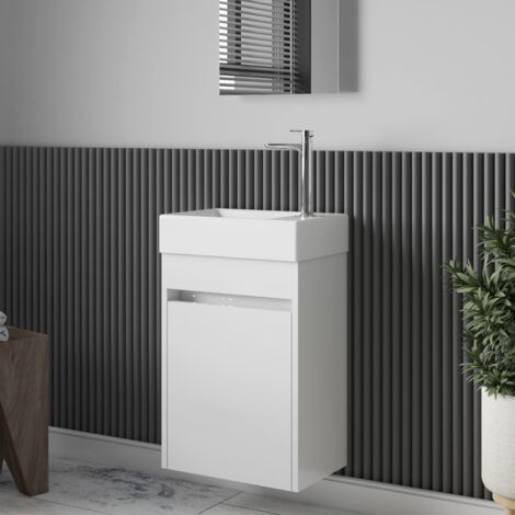 Stano. – Meuble double vasque suspendu 45 cm – Vasque en céramique sans trop-plein – Design minimaliste blanc laqué – Installation rapide