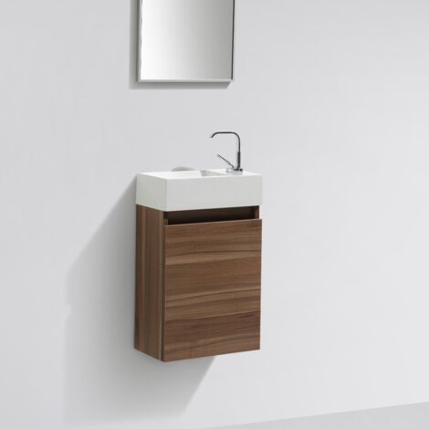 Stano. – Meuble lave-mains suspendu 40 cm – Plan-vasque en marbre synthétique blanc – Porte noyer avec charnières amorties – Système de trop-plein intégré
