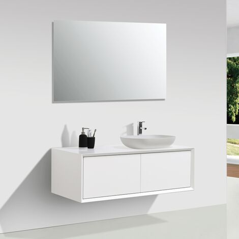 Stano. – Meuble salle de bain suspendu 120 cm blanc mat – Large tiroir sans poignée avec mécanisme 'Push-Open' – Panneau de particules bois
