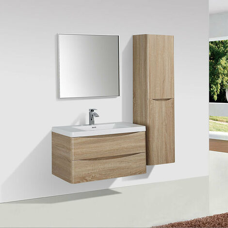 Stano. – Meuble salle de bain suspendu 90 cm avec vasque en marbre synthétique blanc – Chêne clair – 2 tiroirs avec fermeture silencieuse