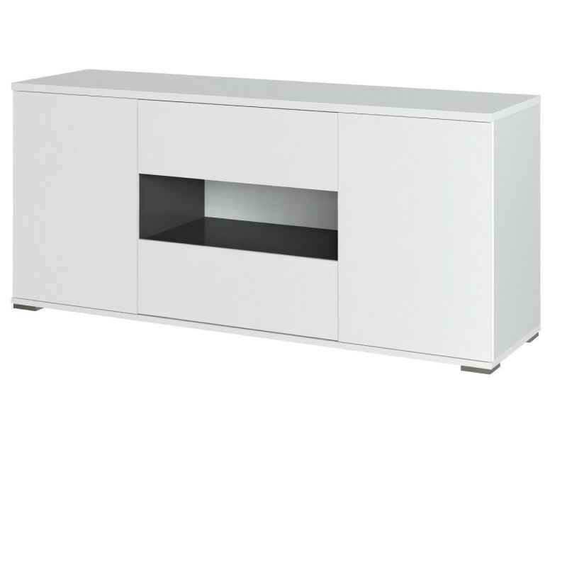 STAR Meuble TV 2 portes 2 tiroirs - Blanc brillant et gris - L 150 x P 42 x H 67cm