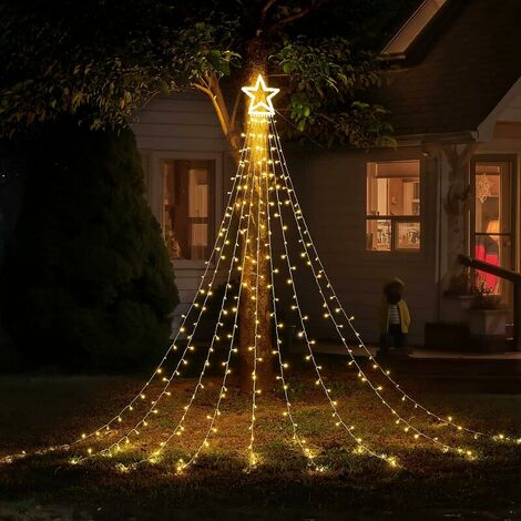 Star String Lights, 8 Lighting Modes 317 LED Waterfall String Lights with Star Shaped Christmas Tree for Outdoor Yard Garden Party Holiday Wedding Decoration (Warm White)