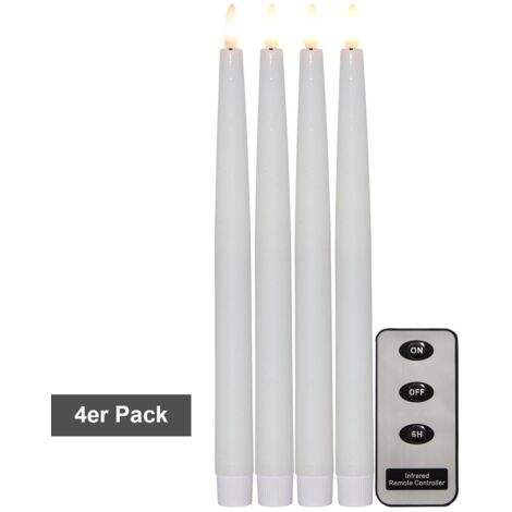 Star Trading Set de bougies Flamme Slim, 4 pièces, bougies de table, blanc, télécommande, LED, minuterie, blanc chaud, 28,5 cm