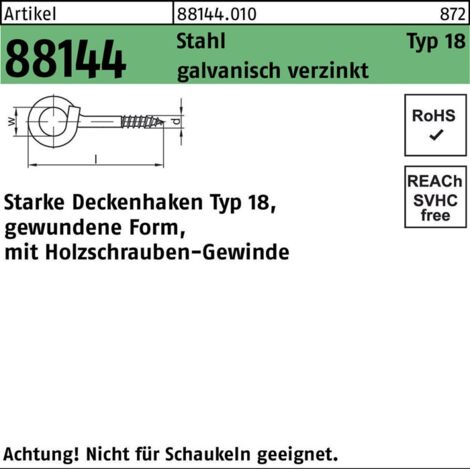 Starker Deckenhaken gewunden 8,2x22 Stahl galvanisch verzinkt 20 Stk