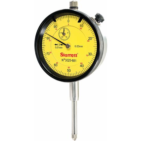 Starrett 3025-681 - Indicatore a quadrante, area di misurazione 20 mm, scala 0,01 mm, sensibilità 0-100, colore quadrante: giallo