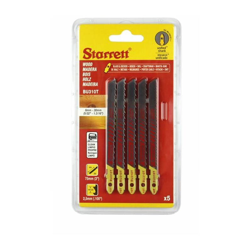 Starrett - BU310T-5 Wood Cutting Jigsaw Blades Pack of 5 STRBU310T5