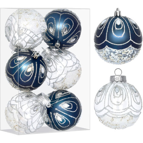 StarryLights Weihnachtskugel-Set: marineblaue und weiße Kugeln mit elegantem Glitzermuster