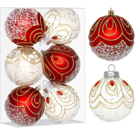 StarryLights Weihnachtskugel-Set – rote und weiße Kugeln mit elegantem Glitzermuster