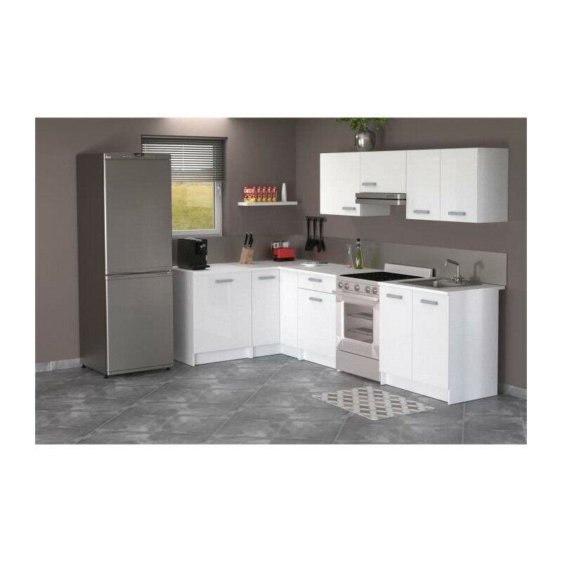 START Cuisine complete d'angle - Mélaminé blanc - Façade polymere blanc brillant - L290 x P150 cm - Plan de travail fourni -