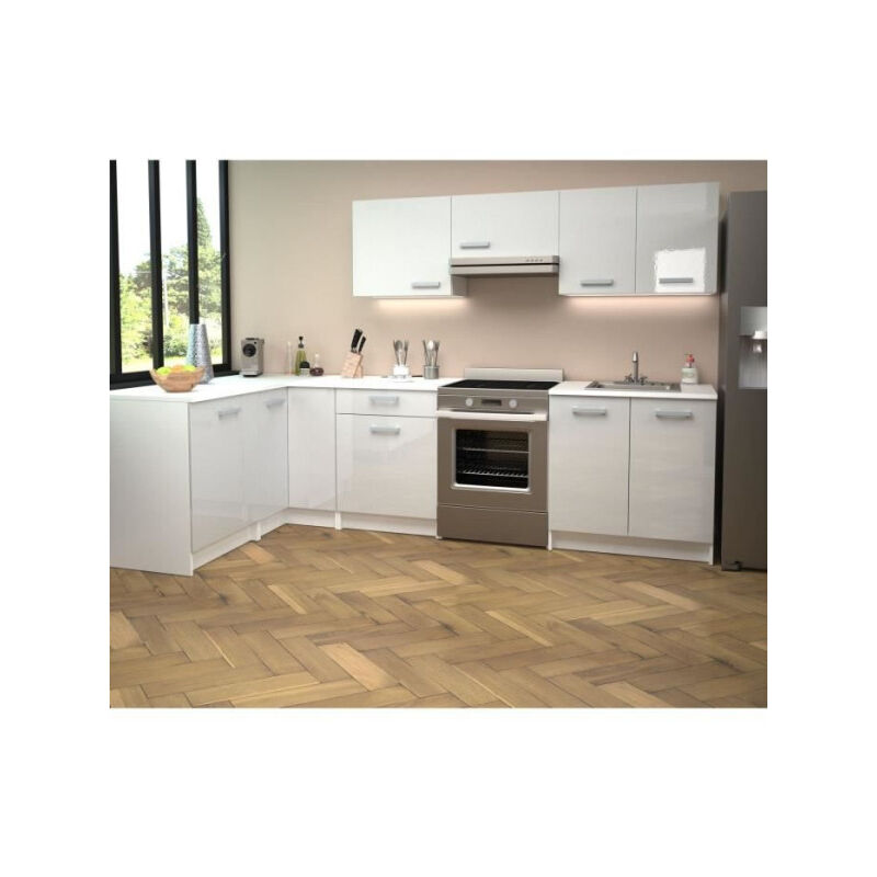Start Cuisine complete d'angle - Mélaminé blanc - Façade polymere blanc brillant - L290 x P150 cm - Plan de travail fourni -