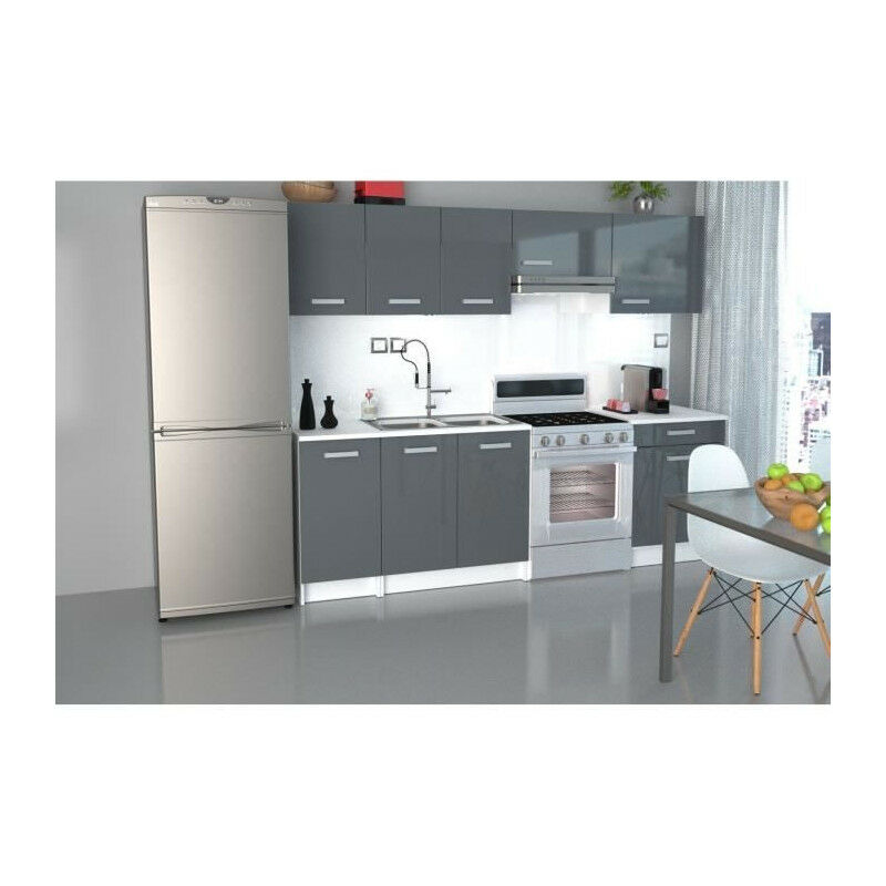 Start Cuisine complete - Mélaminé blanc - Façade polymere gris brillant - L240 x P60 cm - Plan de travail fourni - berlioz