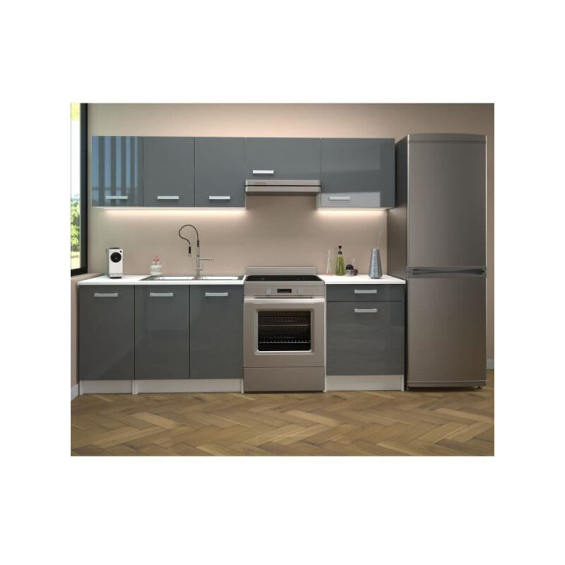 Start Cuisine complete - Mélaminé blanc - Façade polymere gris brillant - L240 x P60 cm - Plan de travail fourni - berlioz